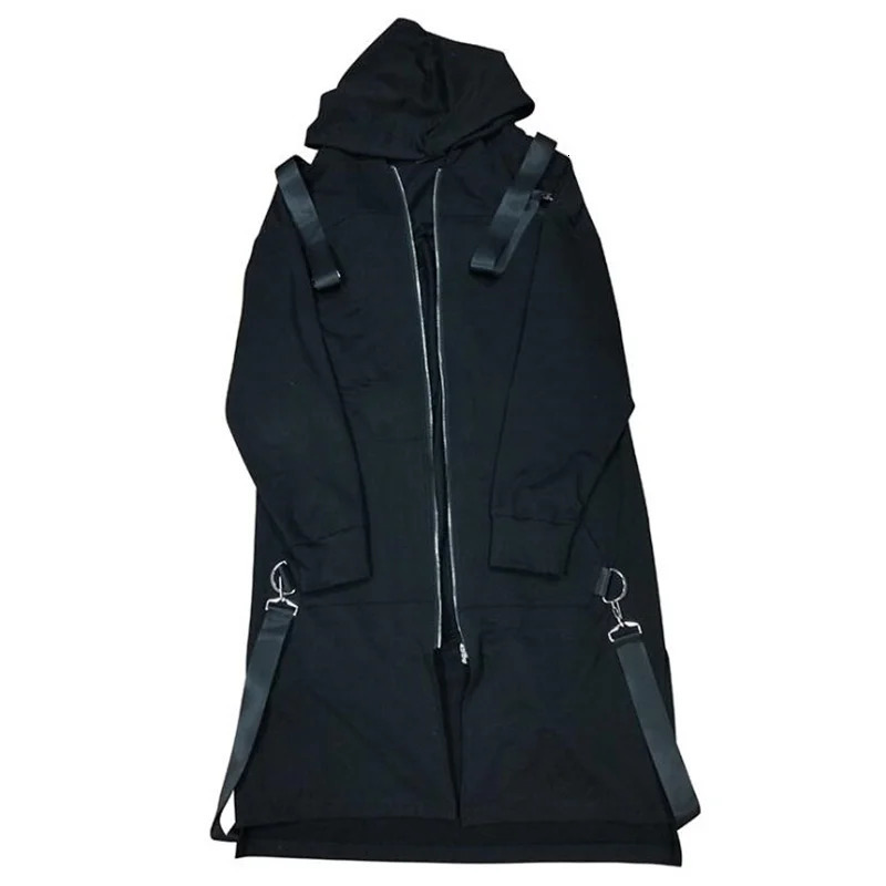Spring autumn men ribbons patchwork punk hip hop long trench coat hooded cloak black zipper techwear jacket overcoat 250729
