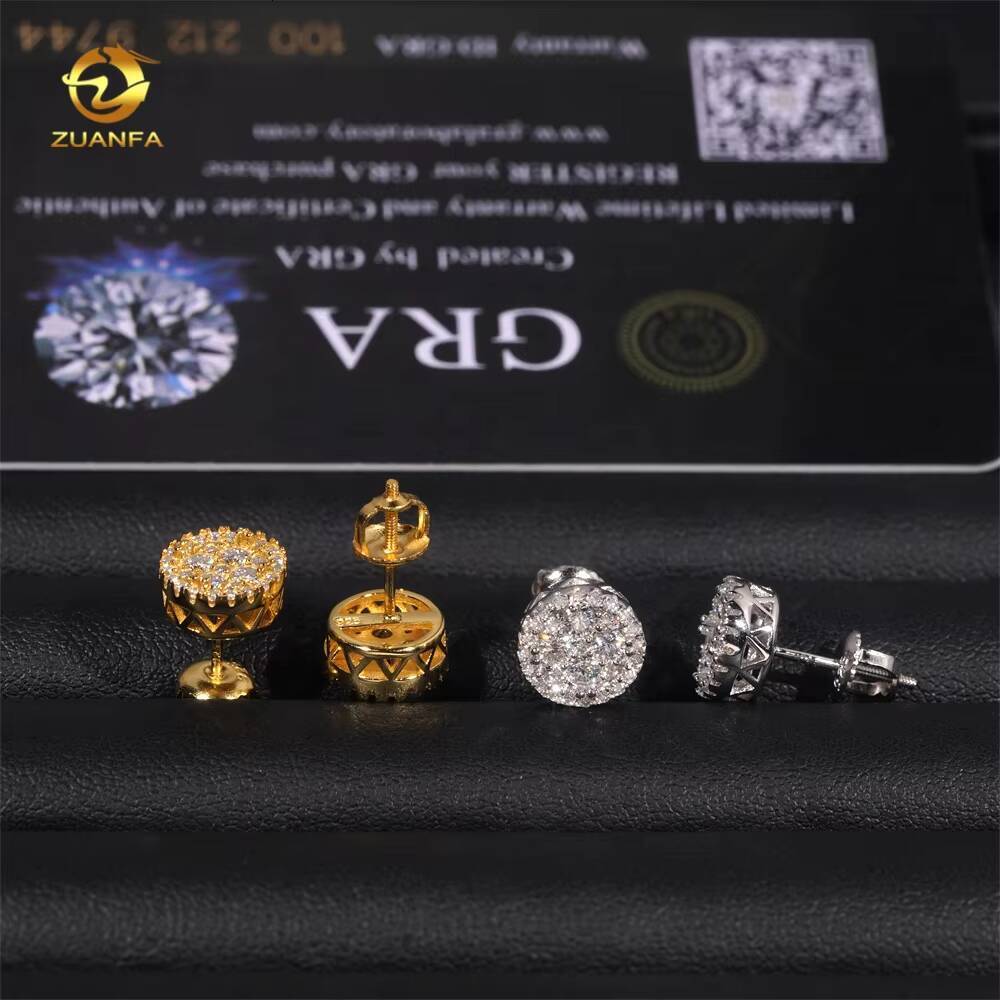 Bling Shining High Quality 18k Gold Plated Hip Hop Iced Out Moissanite Silver 925 Earrings