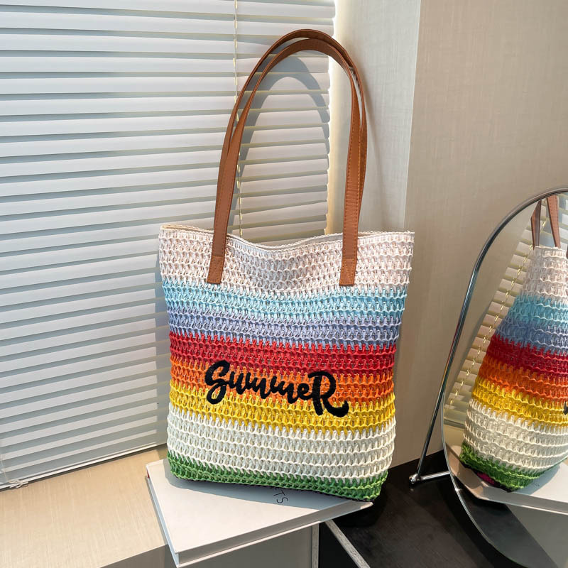 Women's Fashion Rainbow Stripe Knitted Bag Free Shipping Designer Luxury Letter Embroidered Handbag Leisure Vacation Beach Bag Single Shoulder Sh