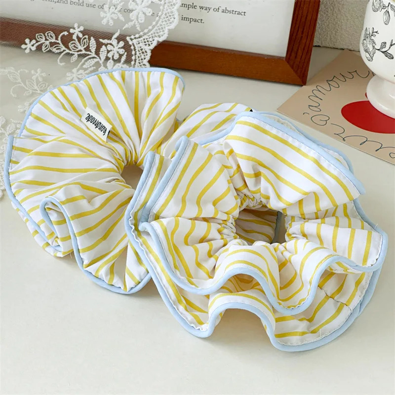 Summer Yellow And Blue Striped Fabric High Elastic Hair Rope Simple Fashion Double-layer Small Waist Hair Band 250730