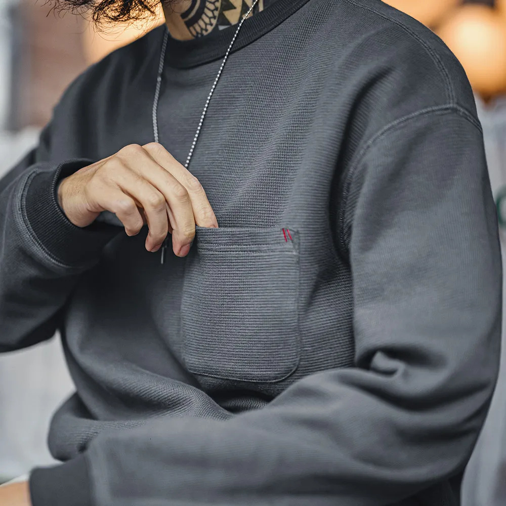 Maden Casual Waffle Knit Pocket Hoodie Mens Spring Loose Fit Long Sleeve Pullover Round Neck Sweatshirt Comfortable TShirt 250729