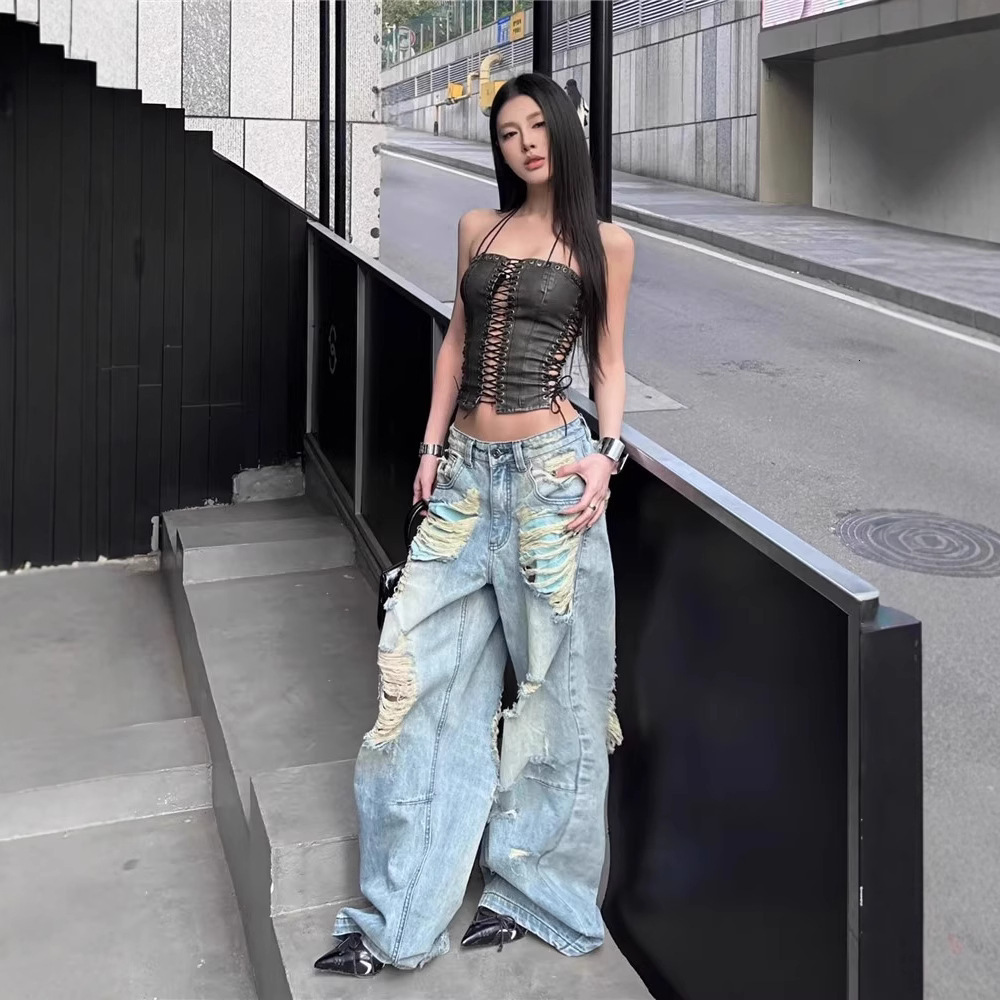 2025 Summer New Street Style Women's Low Waist Wide Leg Teared Jeans Summer Thin Loose High Waist Long Beggar Pants Designer Women's Pants