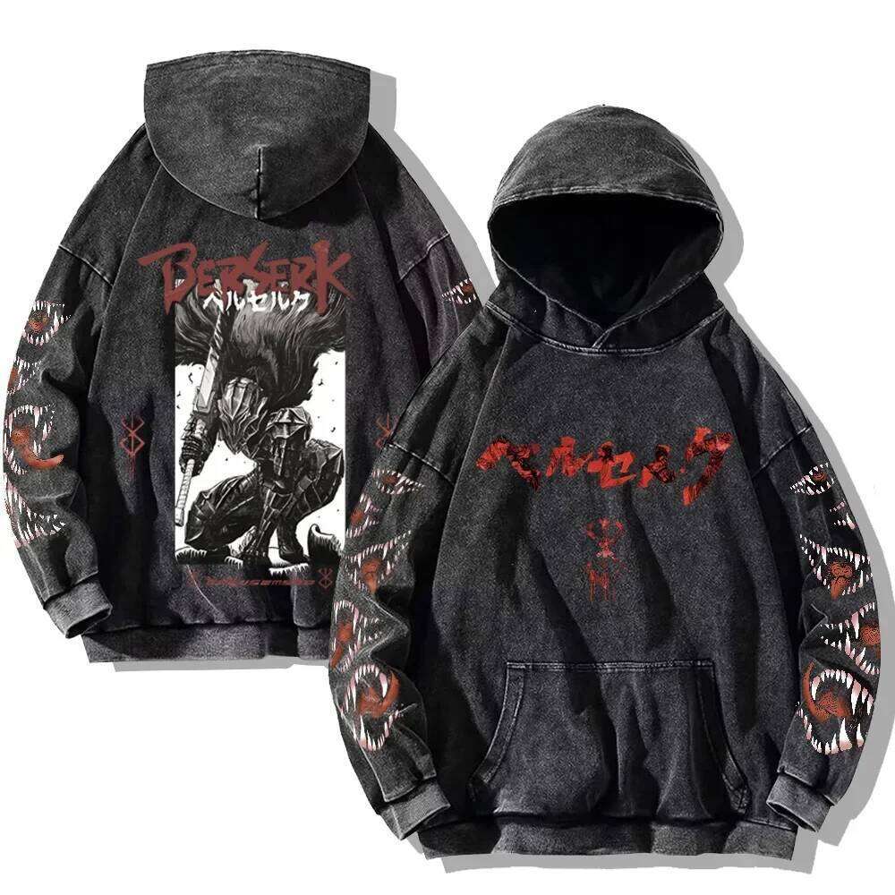 Mens Berserk Hoodies Gothic Print Vintage Washed Hip Hop Streetwear Cotton Sweatshirts Y2k Oversized Hoodie - view 7