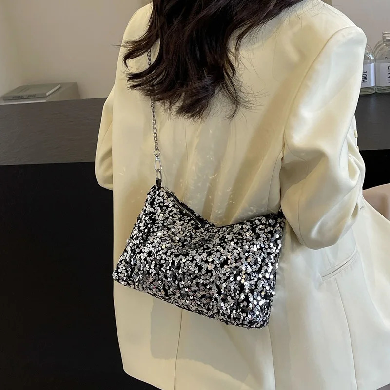 Women Bling Shoulder Bag Chic Sequins Glitter Underarm Sling Bag Adjustable Chain Strap Crossbody Bag Commute Shopping Handbags 250731