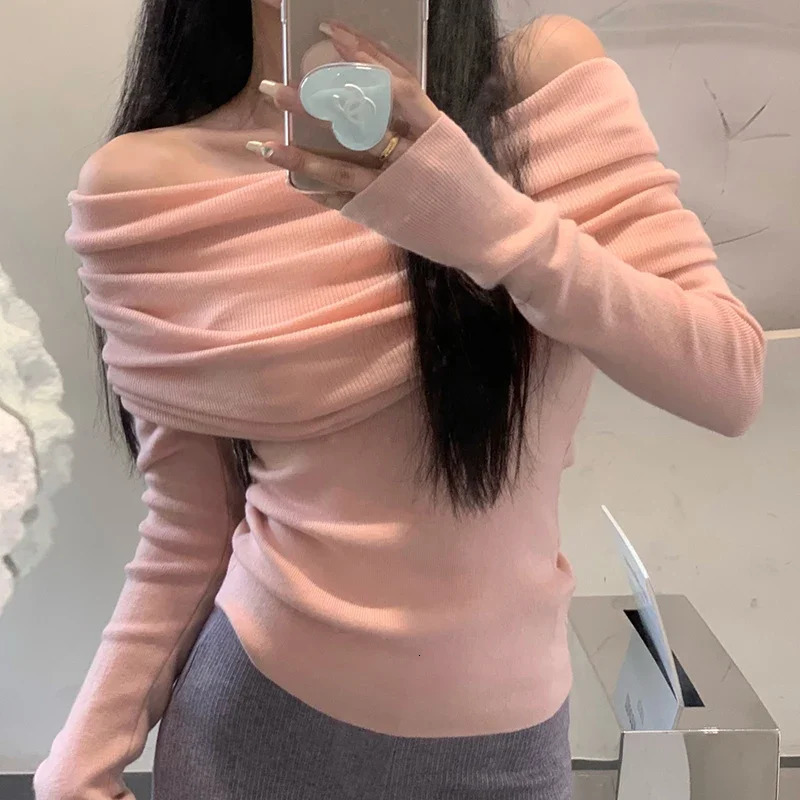 EVNISI Women Knit Slash Neck Slim Sweater Solid Office Pullovers Off Shoulder Long Sleeve For Autumn Winter 250731