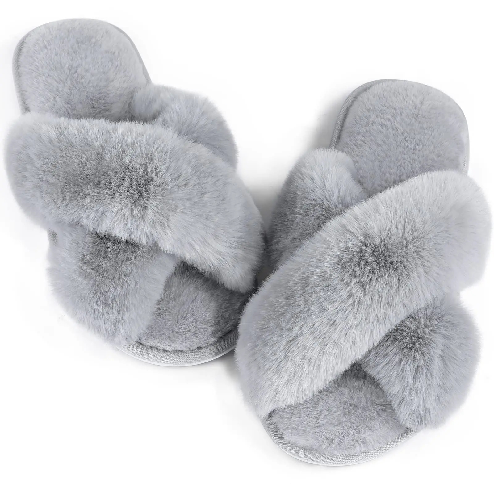 Comwarm Women Flat Fuzzy Slippers Cross Band Plush Slippers Female Fluffy Furry Bedroom Slides Indoor Non-slip House Slippers 250731