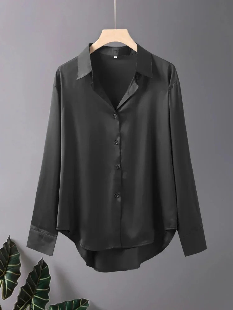Plus Size Shirts Loose Casual Women Silk Fashion Long Sleeve ButtonDown Blouse Senior Female Elegant Solid Top Office Wear 250731