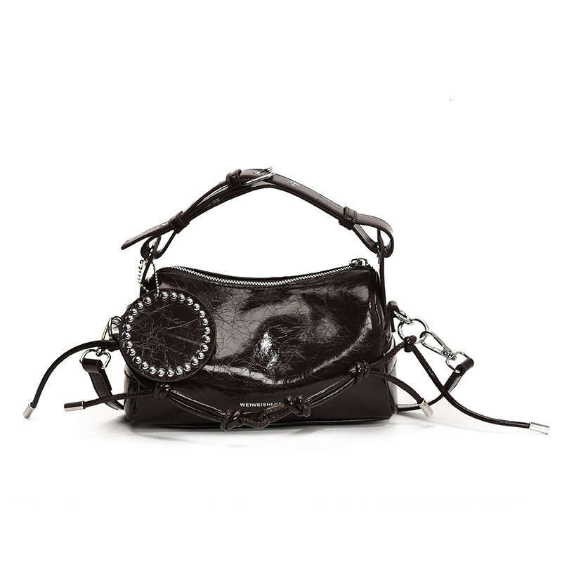 Handheld Shoulder Bag - Brown Lacquer Riveted Round Label Decorative Fashionable Small Bag Versatile, Exquisite Women's Bag for Daily Outing