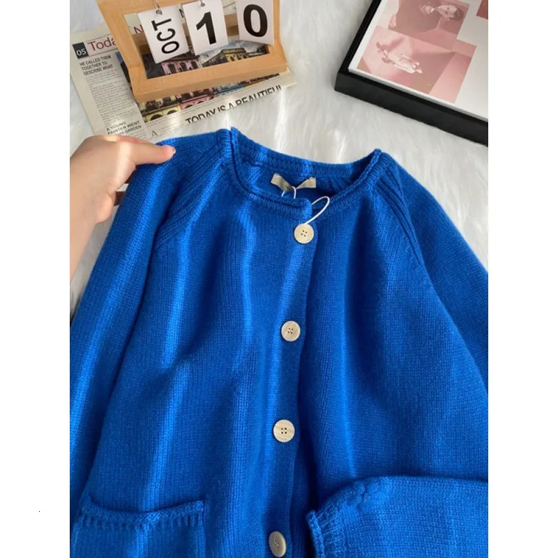 Blue Knitted Cardigan Sweater Jacket For Women Early Spring n Sensibility Nichelantern Sleeve Top Outerwear Crew Neck 250731