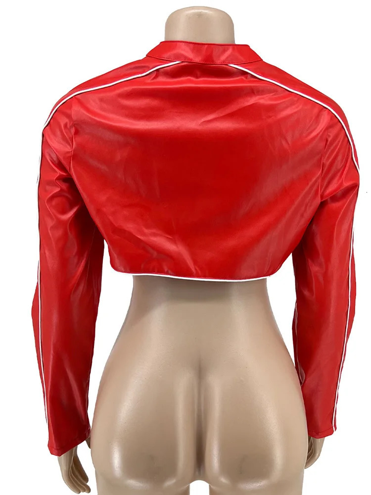 Red PU Faux Leather Sexy Cropped Motorcycle Jackets Women Autumn Fashion Long Sleeve Striped ZipUp Extra Short Coat Female 250731