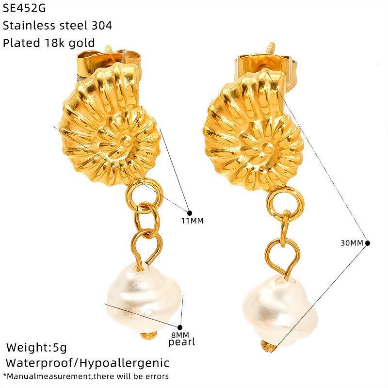 Fashion Summer Vacation Style Stainless Steel Conch Starfish Pearl Earrings Niche Versatile High-end Feel