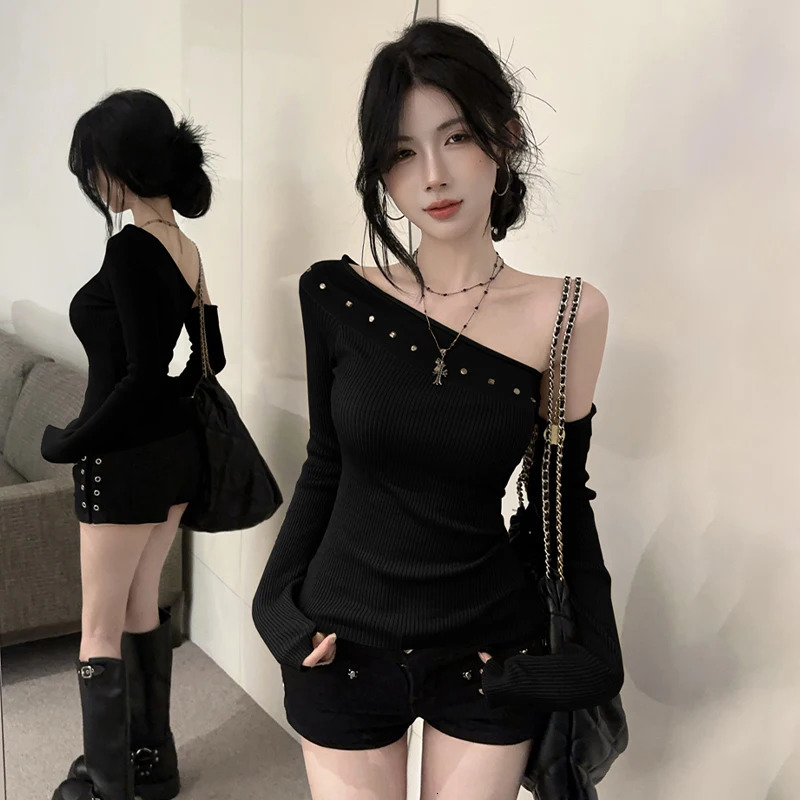 Rivet Off Shoulder Sweaters For Women Sexy Pullovers Asymmetric Knitted Tops 250731