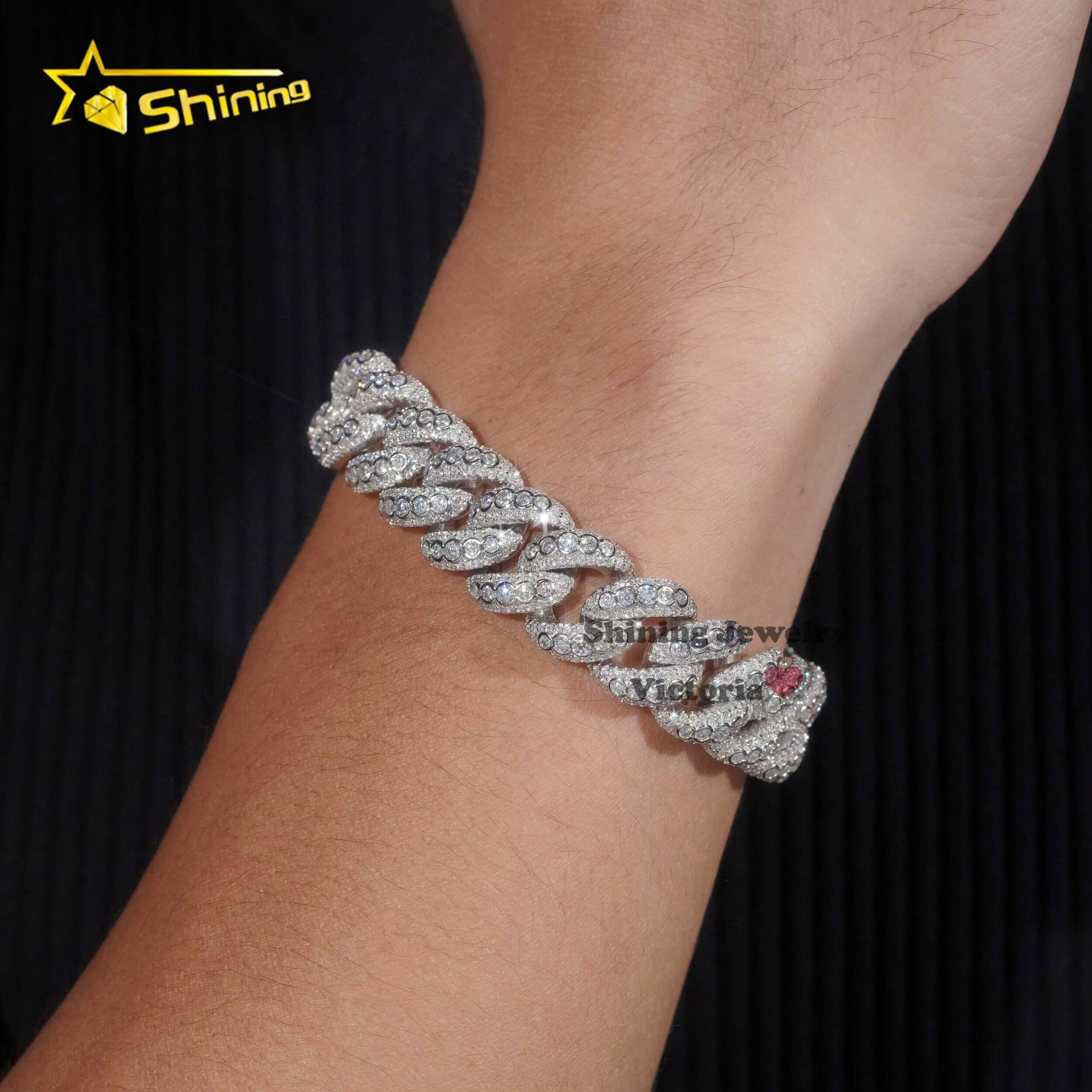 Iced Out Jewelry 15MM 925 Sterling Silver GRA Certificate Diamond Moissanite Cuban Link Chain Bezel Setting Cuban Bracelet