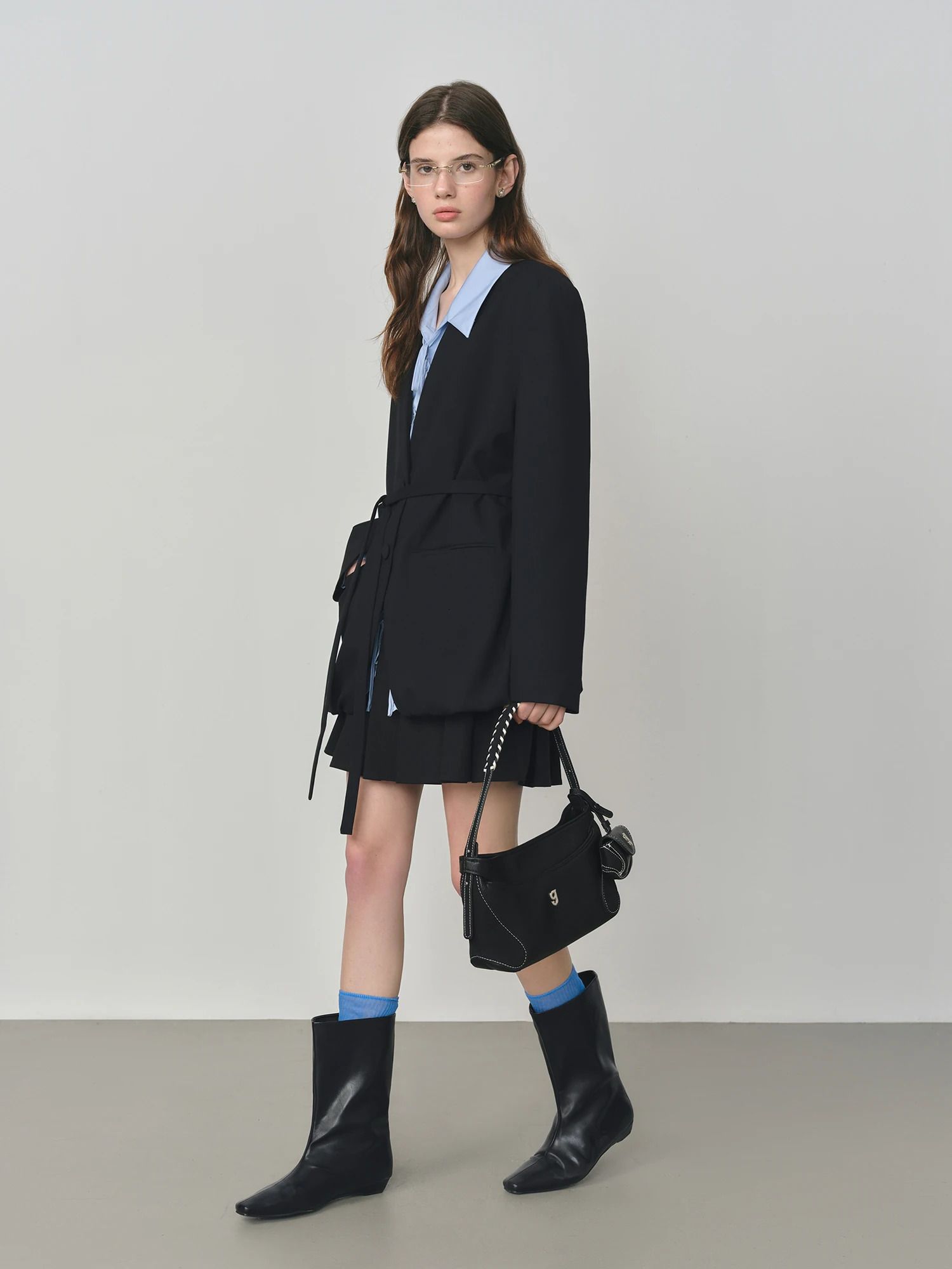 FSLE Elegant Collarless VNeck Oversized Blazer with Sash for Autumn Arrival Suits Coat 25FS13214 250731