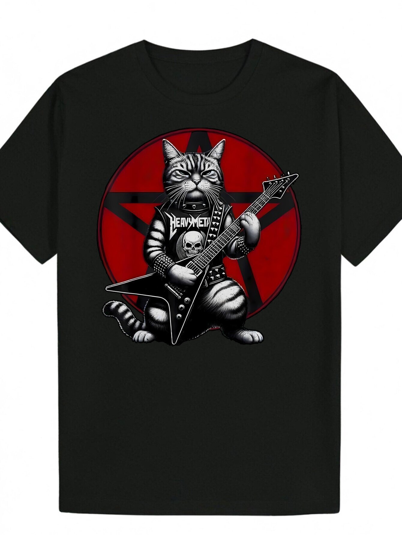 Men's Summer Casual Crew Neck T-Shirt, 100% Polyester Knit Fabric, Regular Fit, 180gsm, Slightly Stretchy, Rock Cat Guitar Print, Breathable and 