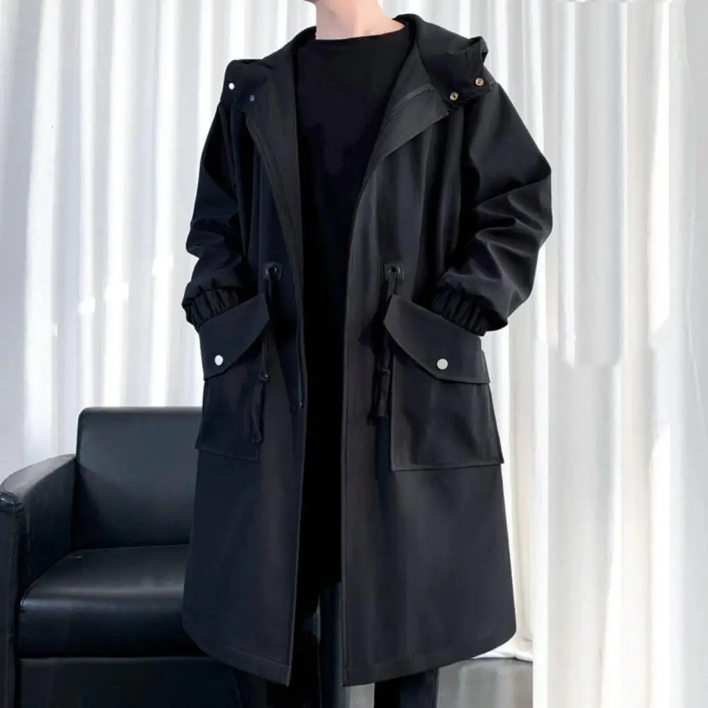 Long Trench Coat Jacket Men Cotton Autumn Spring Black Hip Hop Japanese Coats Streetwear Mens Hooded Army Green Casual Jackets 250729