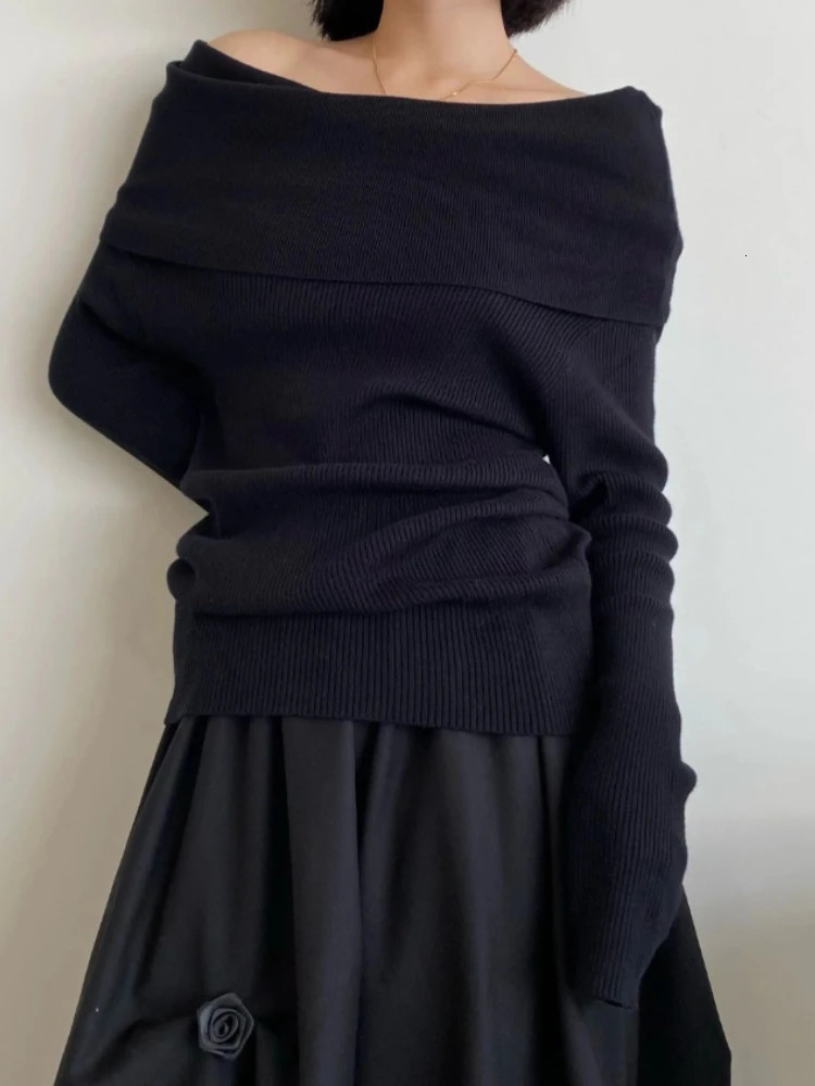 Autumn Winter Off Shoulder Women Sweaters Elegant Vintage Knitted Solid Jumper High Stretch Top Soft Chic Pullovers 250731