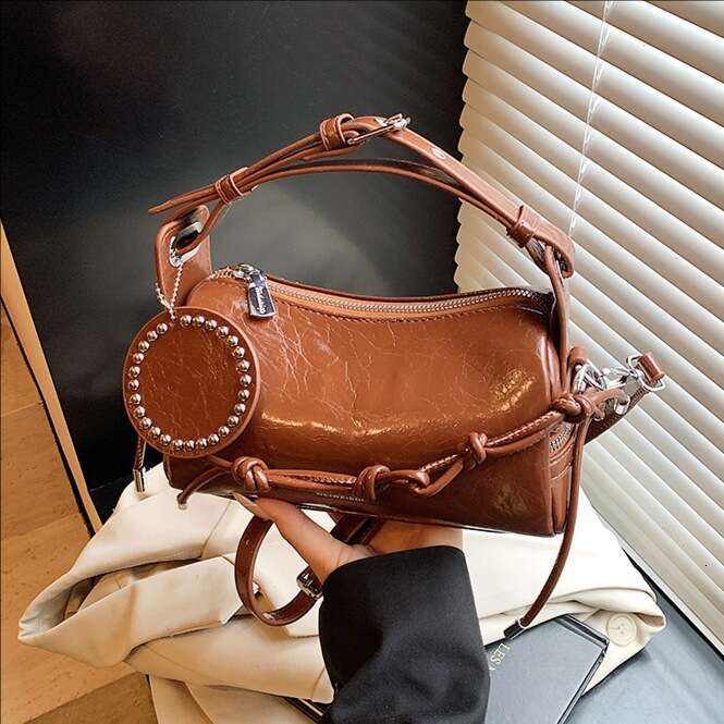 Handheld Shoulder Bag - Brown Lacquer Riveted Round Label Decorative Fashionable Small Bag Versatile, Exquisite Women's Bag for Daily Outing