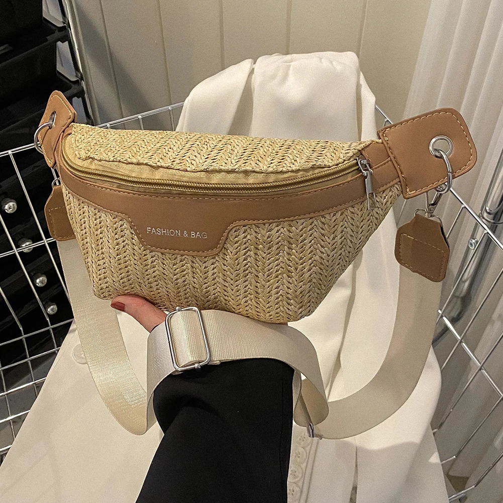 Womens Waist Bags Straw Woven Chest Bags Summer Knitting Banana Bags Wide Shoulder Strap Female Fanny Pack Hand-Woven Belt Bags 250731