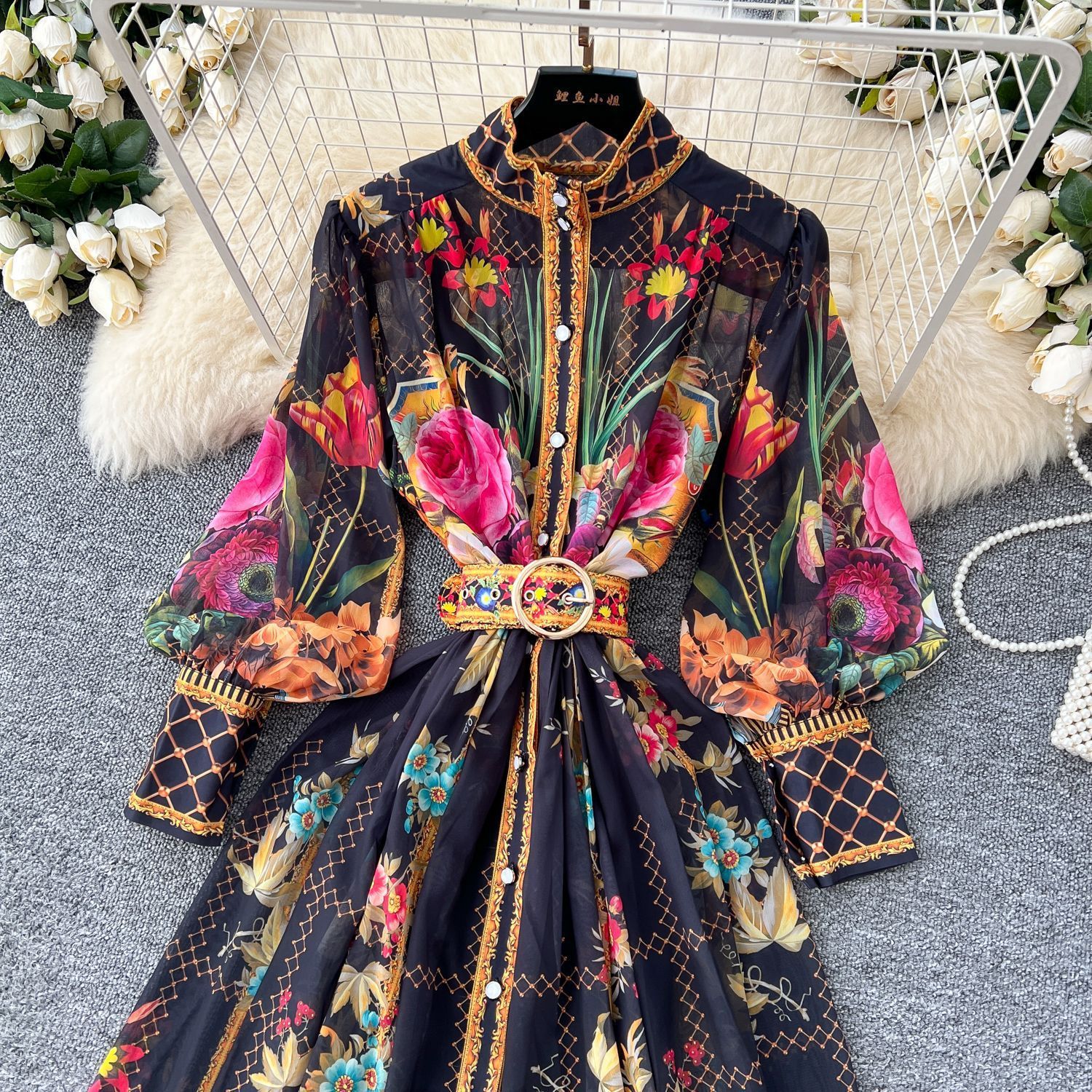Spring Sumemr Holiday Flower Chiffon Maxi Dress Womens Lapel Long Lantern Sleeve Floral Print Belt Boho Robe Vestidos 6270 240812