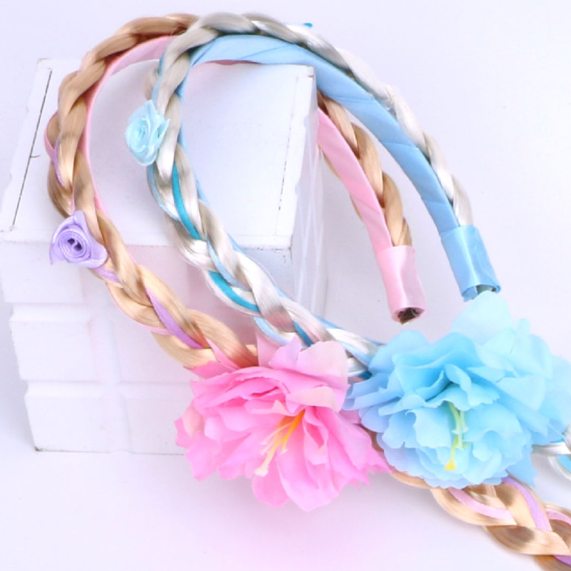 Children's wig with long braids princess style headband Snow Princess hair clip floral girl's hair accessory butterfly and flower decoration