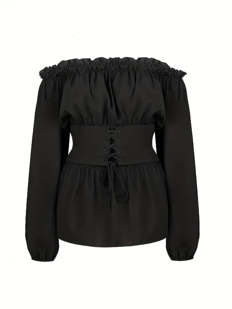 Womens Summer Plus Size 1XL5XL Outfits Versatile Solid Color Long Sleeve Blouse Fashion Off Shoulder Lace Up Corset Shirt 250731