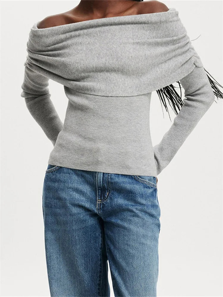 CHRONSTYLE Women Slash Neck Off Shoulder Sweaters Long Sleeve Solid Color Knitted Pullovers Slim Fit Ruched Tops Jumpers 250731