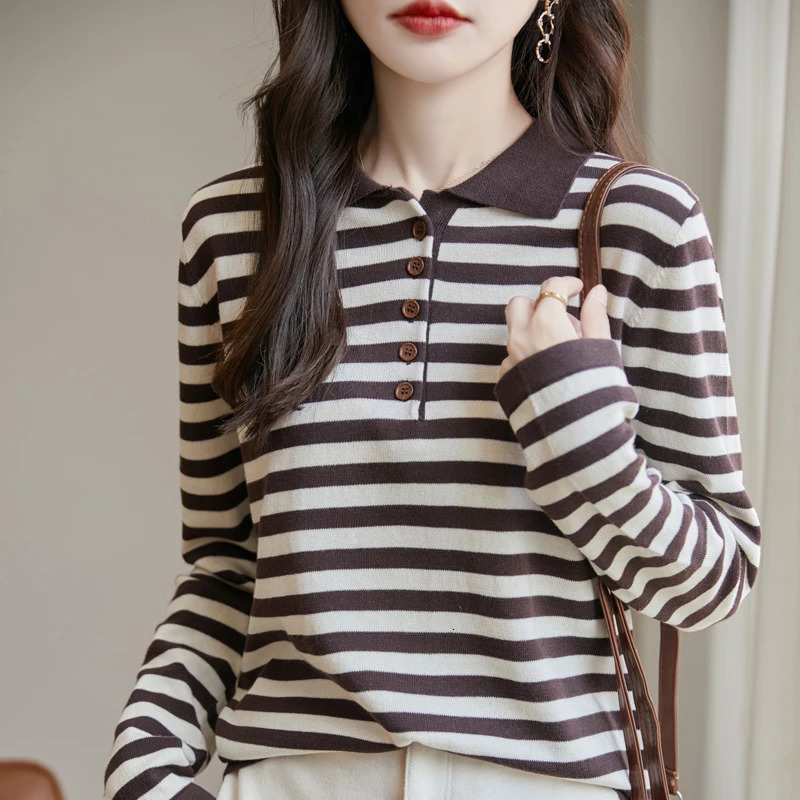 Women 100% Cotton Striped Sweater Polo Collar Pullover Casual Color Blocking Knitwear Long Sleeve Spring Autumn Clothing Tops 250731