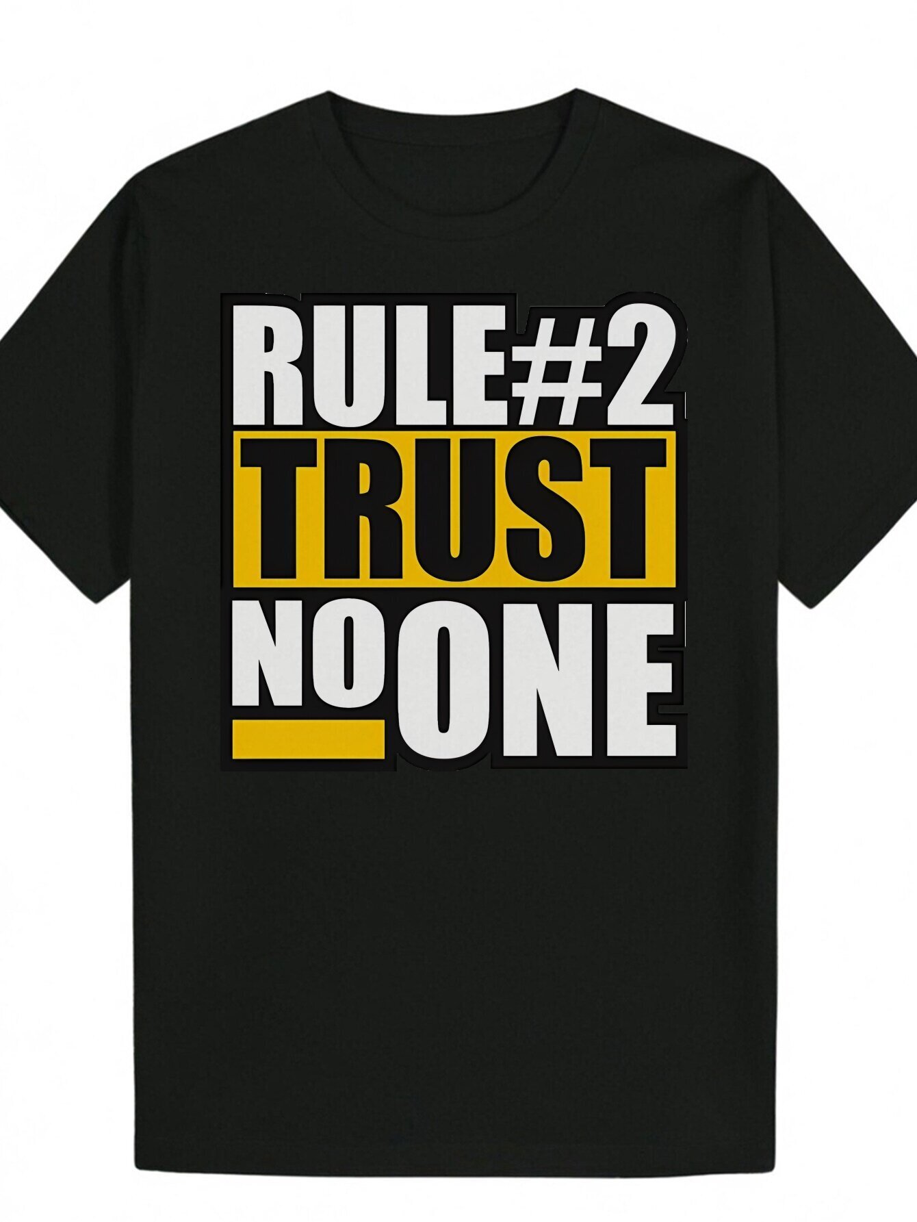 Men's Round Neck Polyester T-Shirt with Eye-Catching "Rules#2 Trust NOONE" Print, Regular Fit, Lightweight Fabric, Suitable for Wear, S