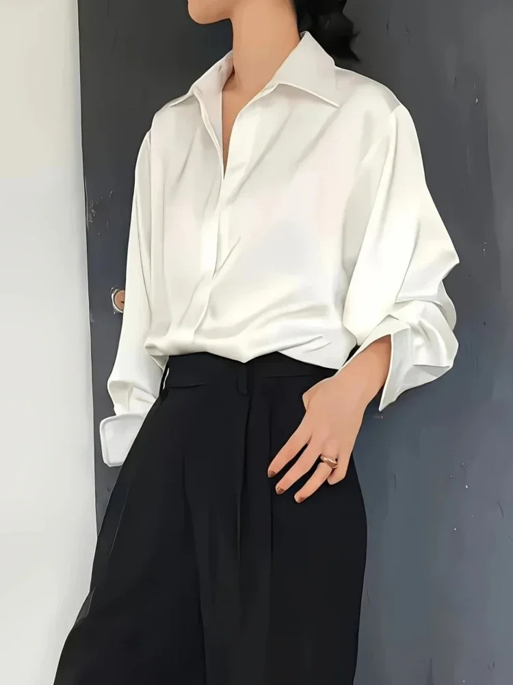 Plus Size Shirts Loose Casual Women Silk Fashion Long Sleeve ButtonDown Blouse Senior Female Elegant Solid Top Office Wear 250731