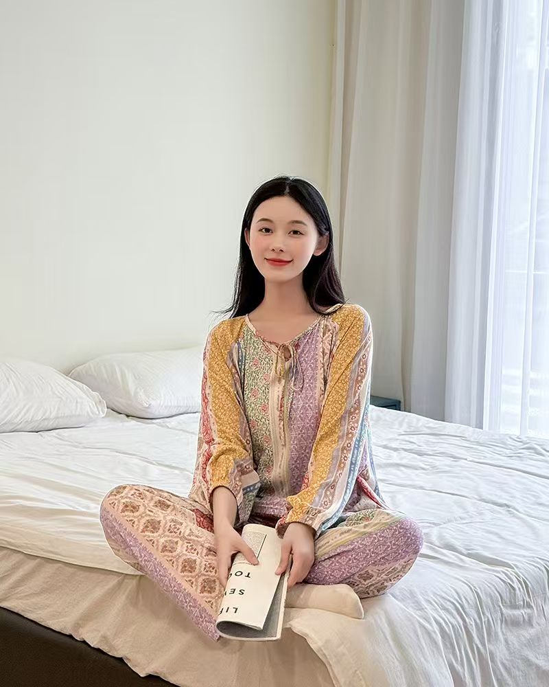 2025 Women's Long-Sleeved Long Pants Spring/Summer Lightweight 2-Piece Set Bohemian Style Stretch Waistband Women's Pajamas Can Be Worn Outs