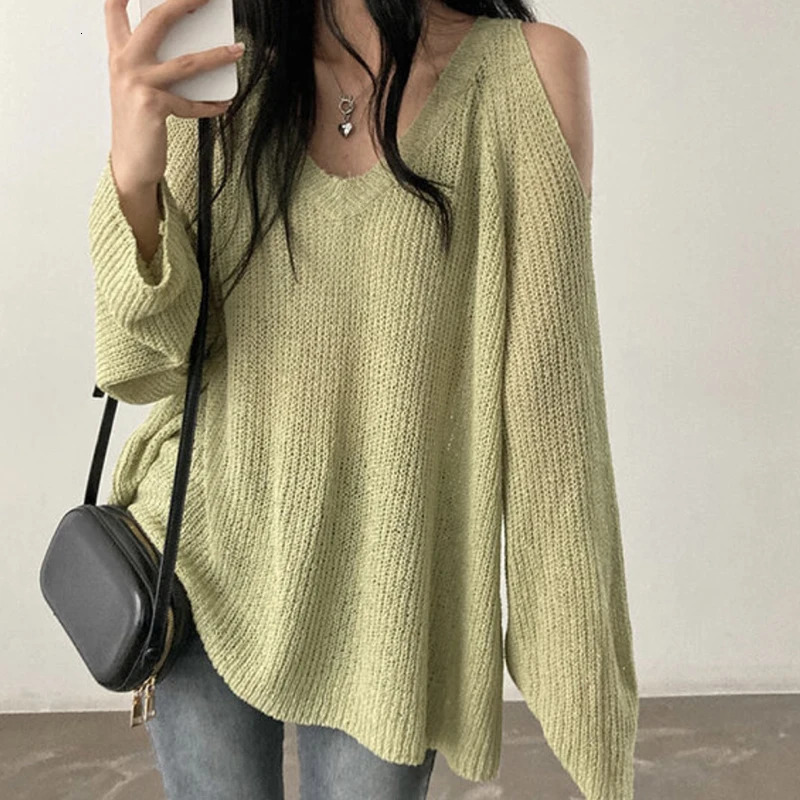 HELIAR Women Hollow Out Off Shoulder Sweater VNeck Long Sleeve Loose Thin Jumpers Knit Streetwear Top Spring 250731