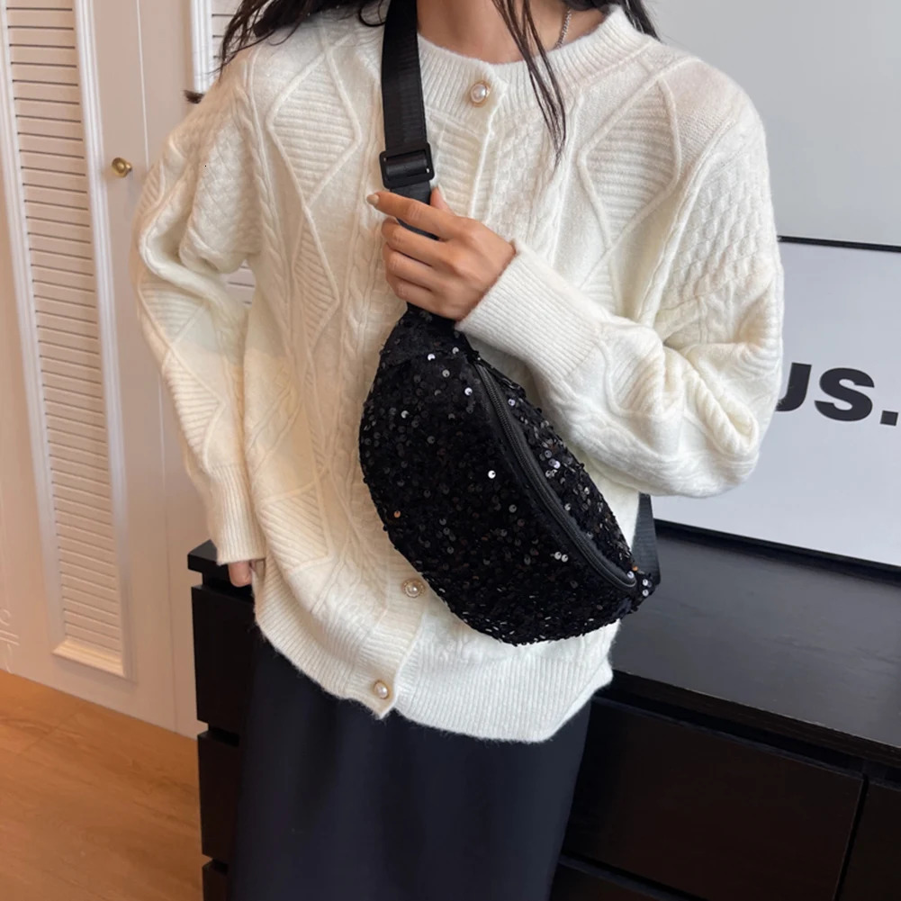 Sequin PU Leather Chest Bag for Women Trendy Crossbody Bag Sling Banana Bag Shiny Shoulder Bag Phone Waist Bag Handbags Purse 250731