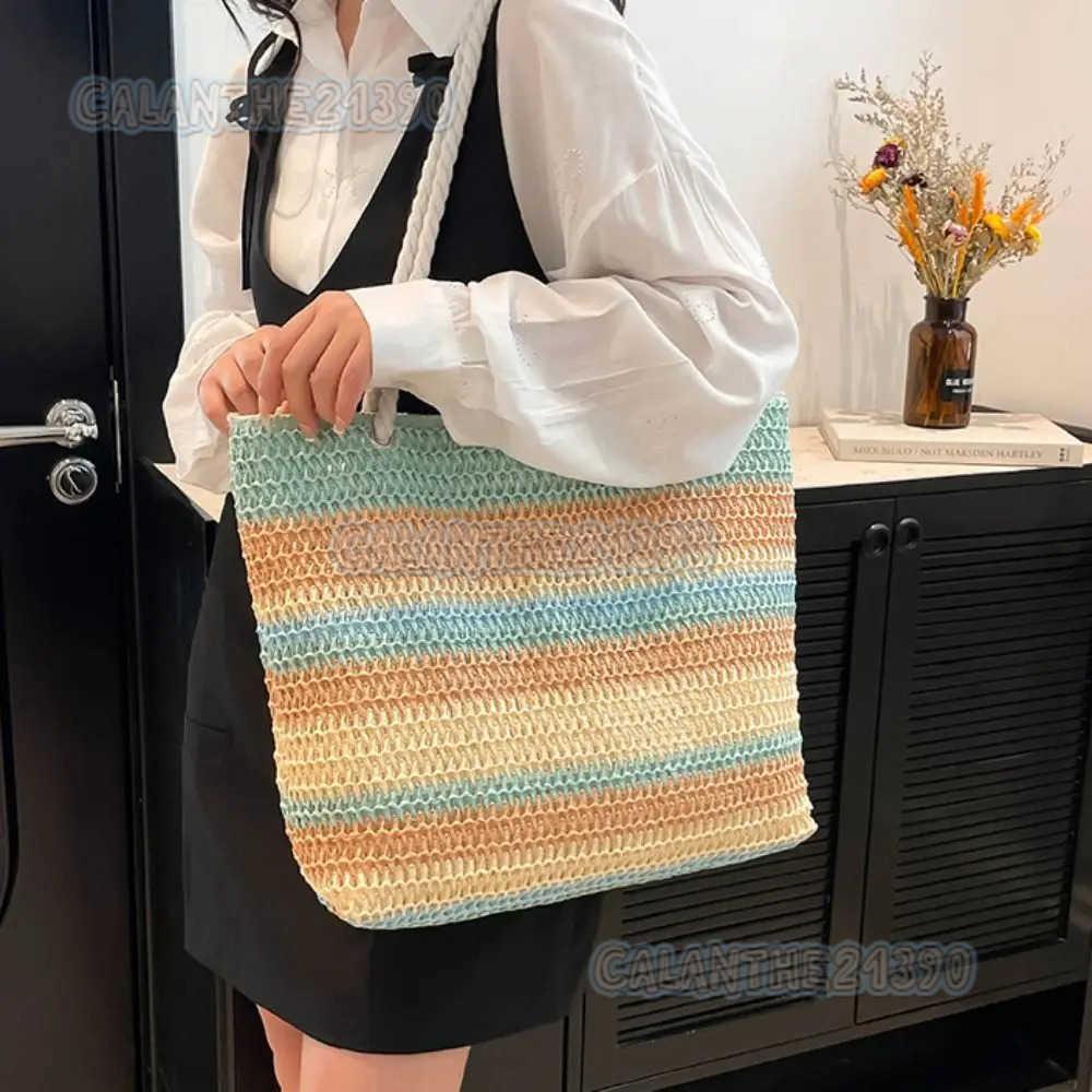 Simple Beach Handbag Strip Weave Bag Bohemian Style Lazy Style Rainbow Beach Bag Large Capacity Hollow Tote Bag Vacation H250801