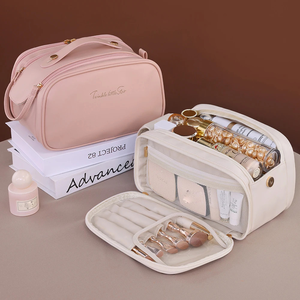 Pink Waterproof PU Leather Multifunctional Makeup Bag Double-Layer Large Capacity Portable Travel Cosmetic Bag Toiletries Storag 250731