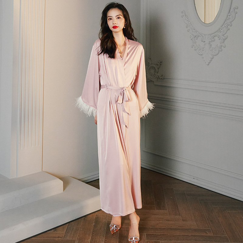 Women's long-sleeved satin ice silk pajamas with feather-trimmed nightgown, camisole long pants and homewear set