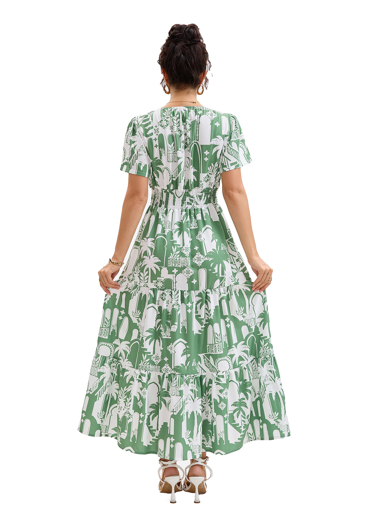 K731New small fresh coconut tree holiday dress fashionable temperament waist splicing dress