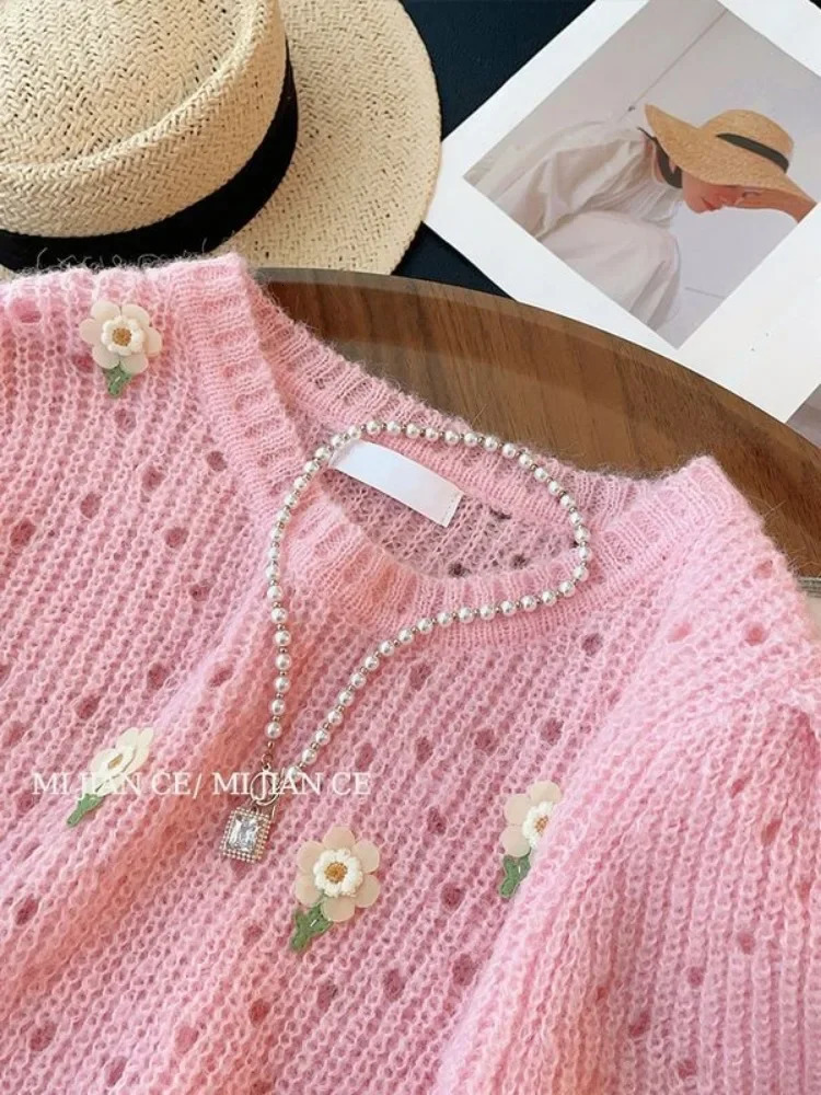 Spring Summer Sweet Pink Knitted Tops Short Sleeve Tshirt Soft Sweater n Knitwear Floral Hollow Out Thin Chic 250731