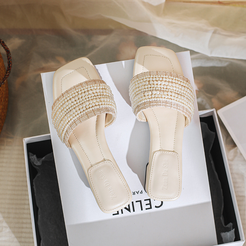 2025 New Women's Designer Pearl Single-strap Thick-heeled Slippers Summer Outdoor Women's Beach Sandals Square Toe Solid Color Pearl Thick-s