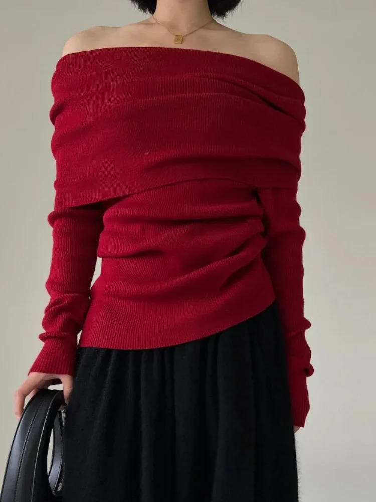 Autumn Winter Off Shoulder Women Sweaters Elegant Vintage Knitted Solid Jumper High Stretch Top Soft Chic Pullovers 250731