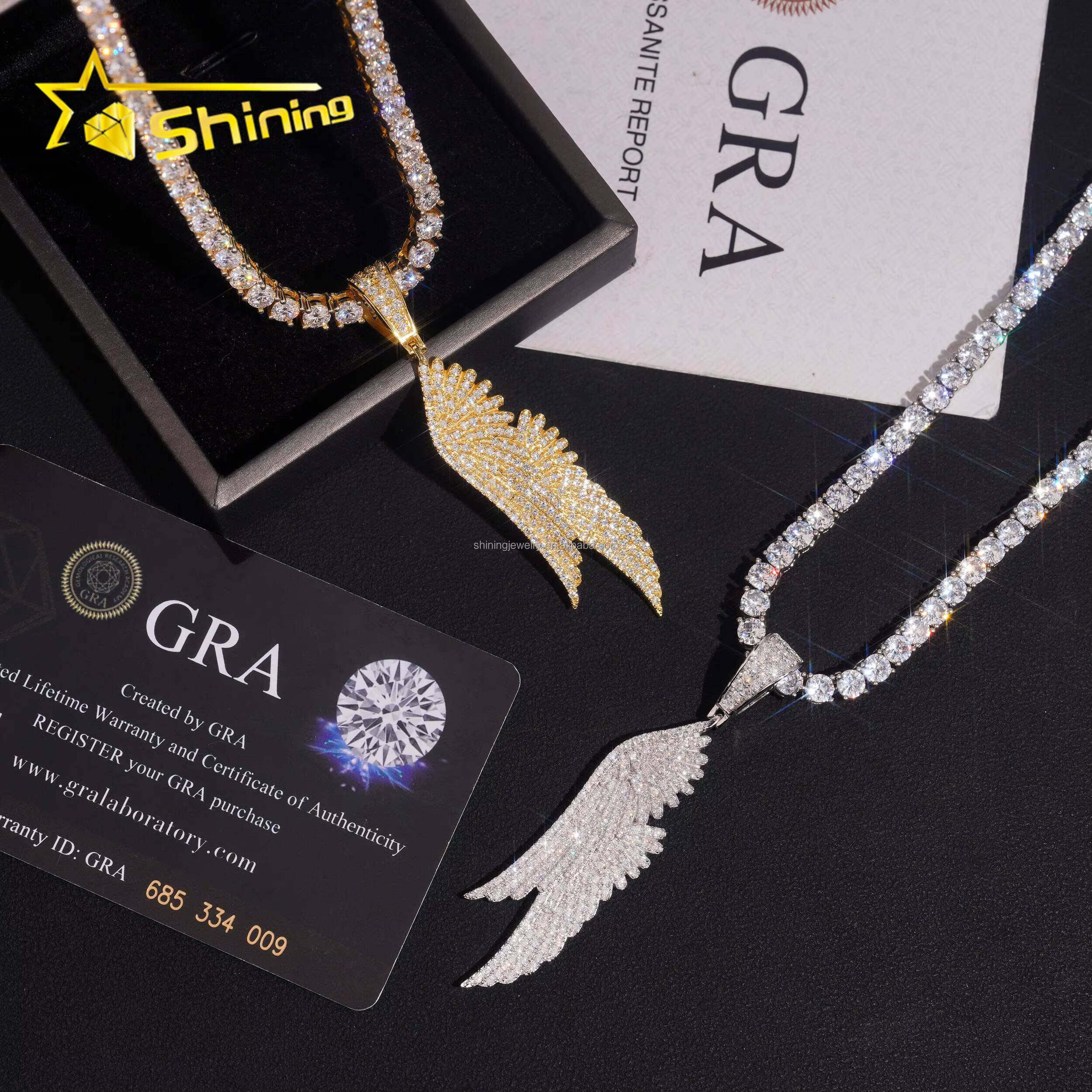 Popular Fashion Man Style Religious Jewelry Iced Out Vvs Moissanite Wings Pendants 925 Sterling Silver With GRA Certificate