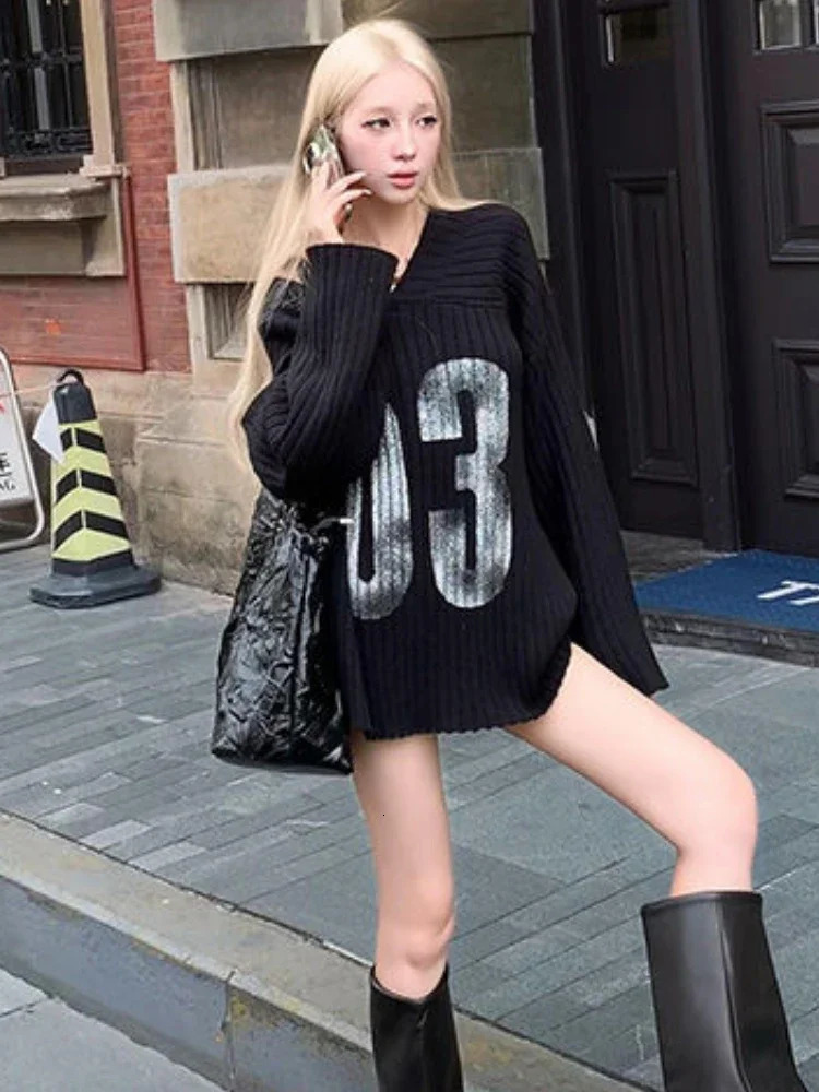 Y2k Aesthetic Vintage Print Loose Pullovers Casual Grunge Harajuku Sweaters VNeck Off Shoulder All Match Jumpers Korean Fashion 250731