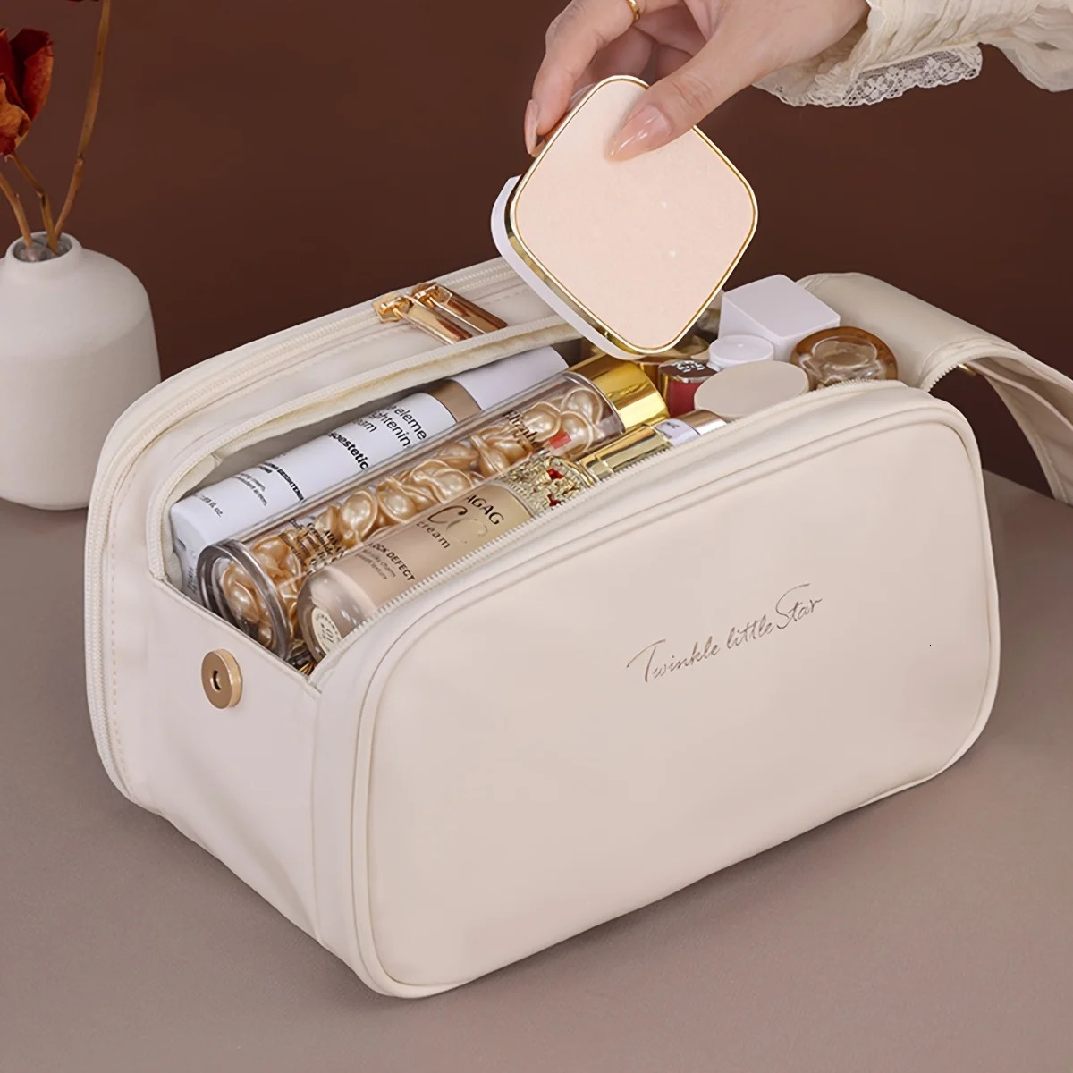 Multifunctional Makeup Bag For Women PU Leather Large Capacity Portable Double Zipper Travel Makeup Brush Toiletries Storage Bag 250731