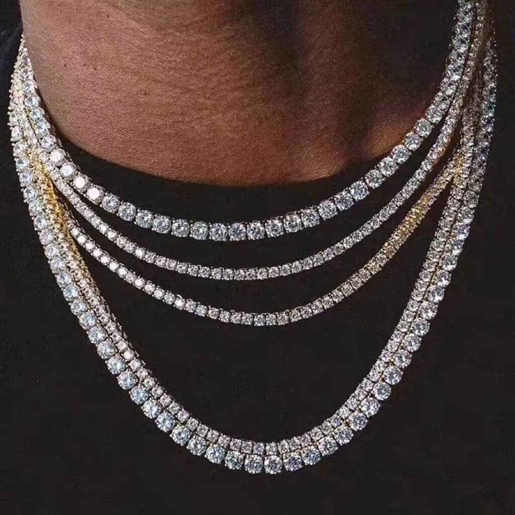 3mm 4mm 5mm Hiphop 18k Gold Iced Out Diamond Chain Necklace Silver CZ Moissanite Tennis Chain Necklace Bracelet for Men Women