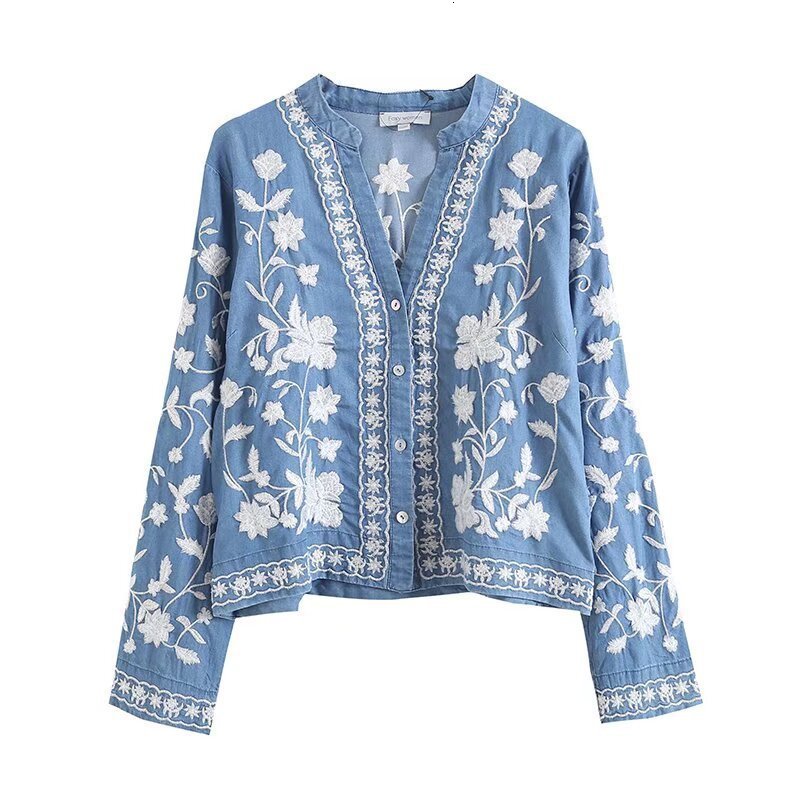 2024 Autumn Winter New Elegant Ethnic Style V-neck Embroidered Shirt Women Long Sleeve Short Top 230826