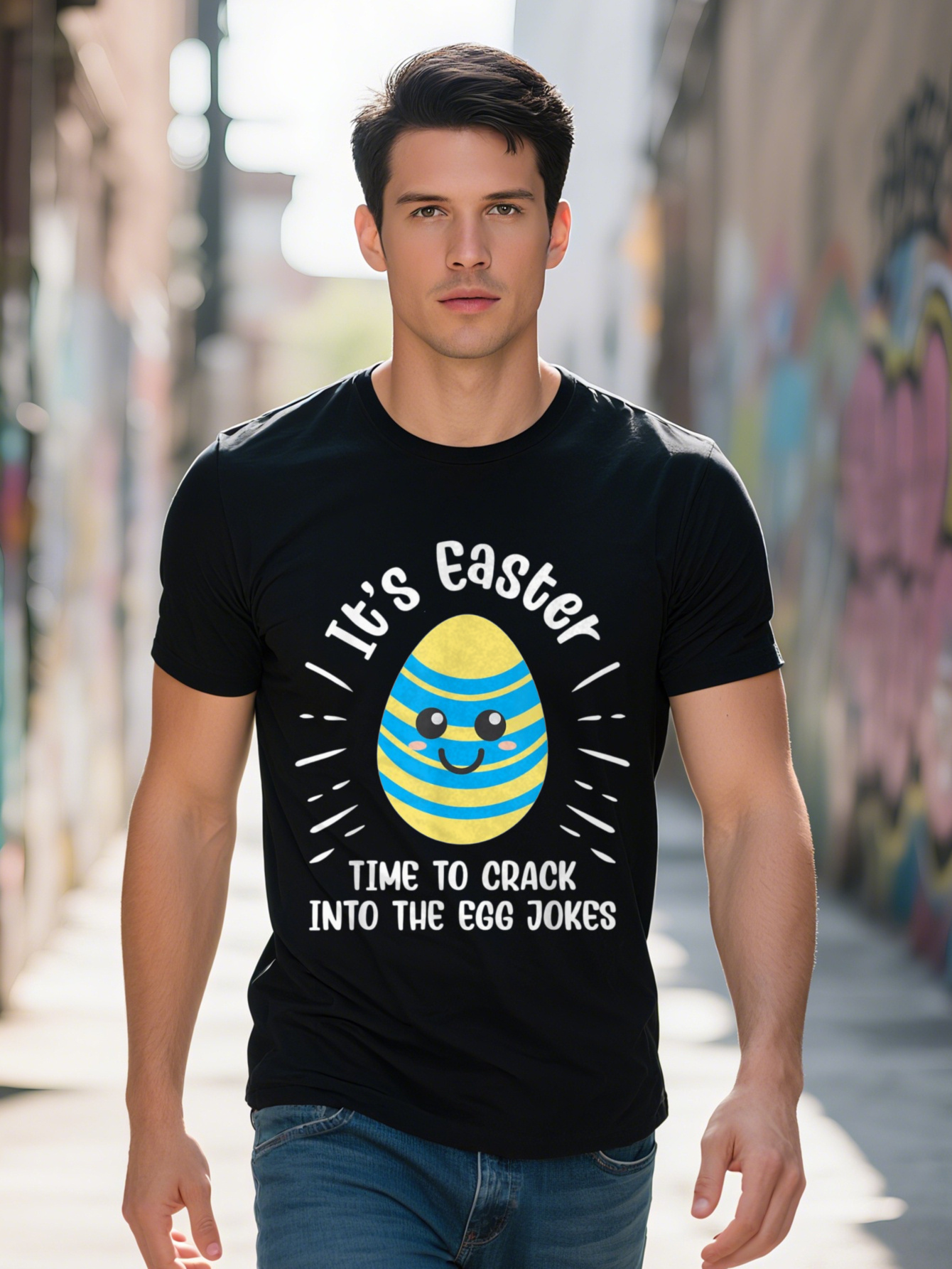 Men's 220g 100% Cotton - Fun Egg Hunt Pattern with Easter Time to Crack Eggs Joke Design, Black Adult Short Sleeve Shirt, Washable, Casual Pullov
