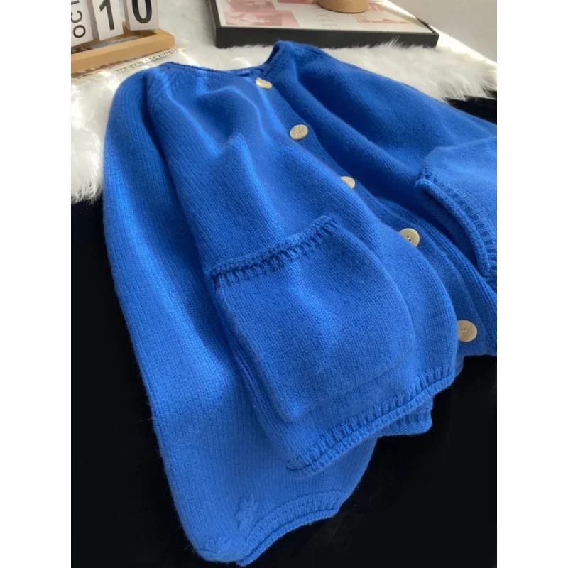 Blue Knitted Cardigan Sweater Jacket For Women Early Spring n Sensibility Nichelantern Sleeve Top Outerwear Crew Neck 250731