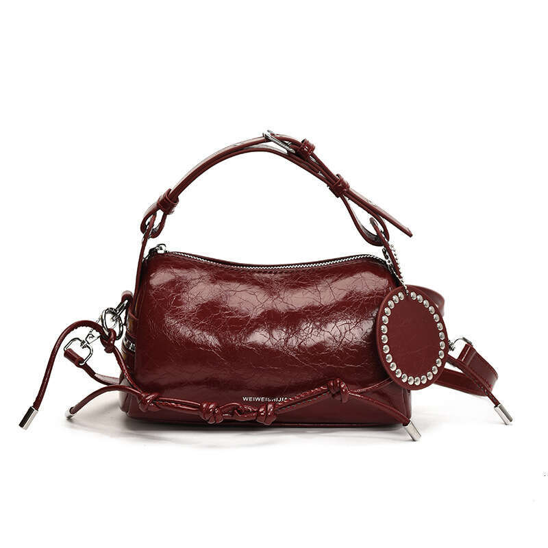 Handheld Shoulder Bag - Brown Lacquer Riveted Round Label Decorative Fashionable Small Bag Versatile, Exquisite Women's Bag for Daily Outing