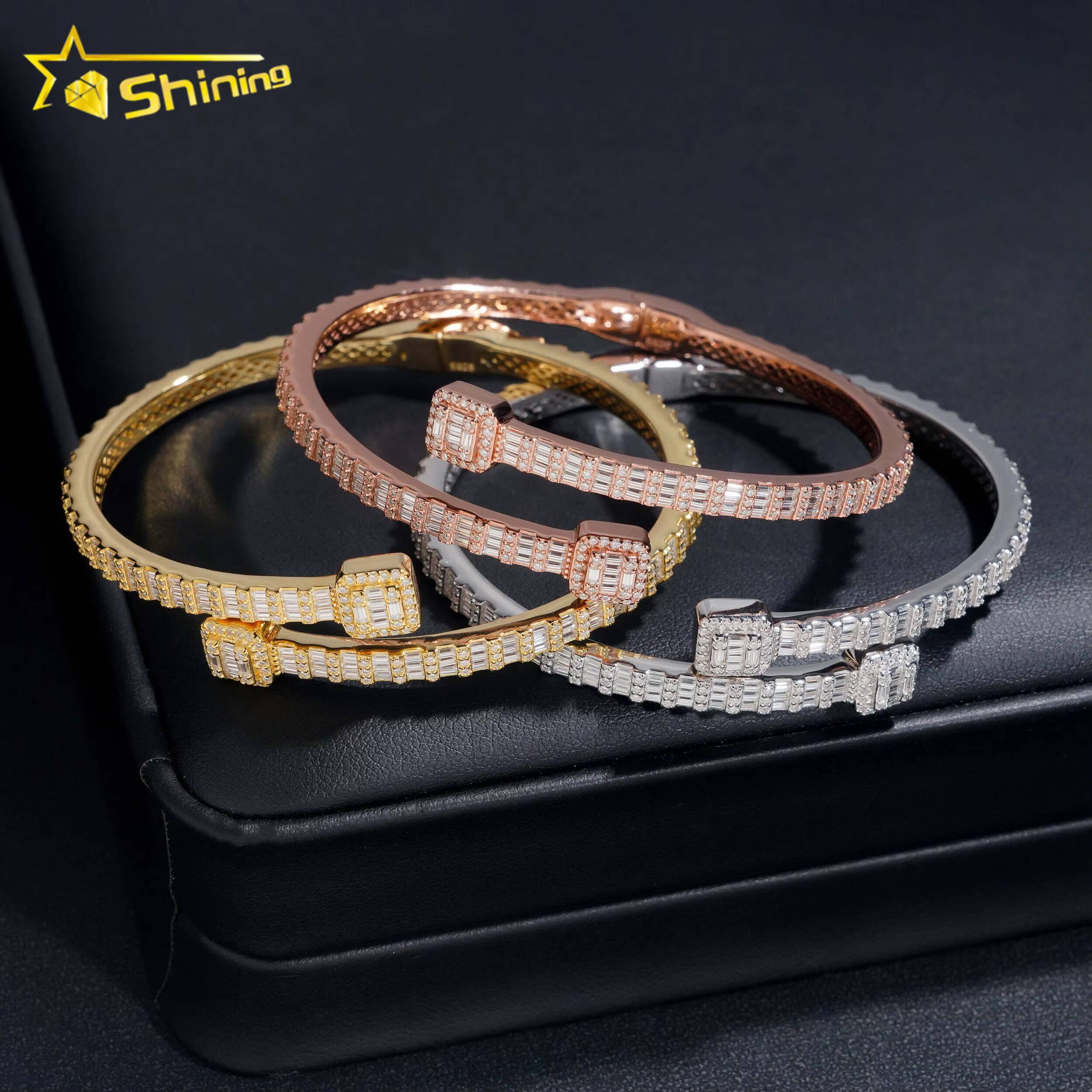Ready Shipping Fine Jewelry S925 Silver Gold Plated VVS Baguette Moissanite Diamond Bangle Bracelet GRA Certificated