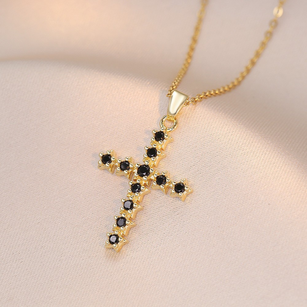 Stainless Steel Religion Jesus Cross Pendant Necklace For Women Men Shiny Zircon 18K Gold Color Chain Simple Design Hip Hop Party Jewelry